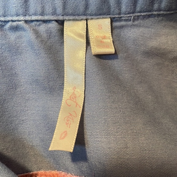 Last Kiss Denim & Sheer Button Down Sleeveless Long Flowy Blouse Top Pink Blue S - Picture 7 of 8